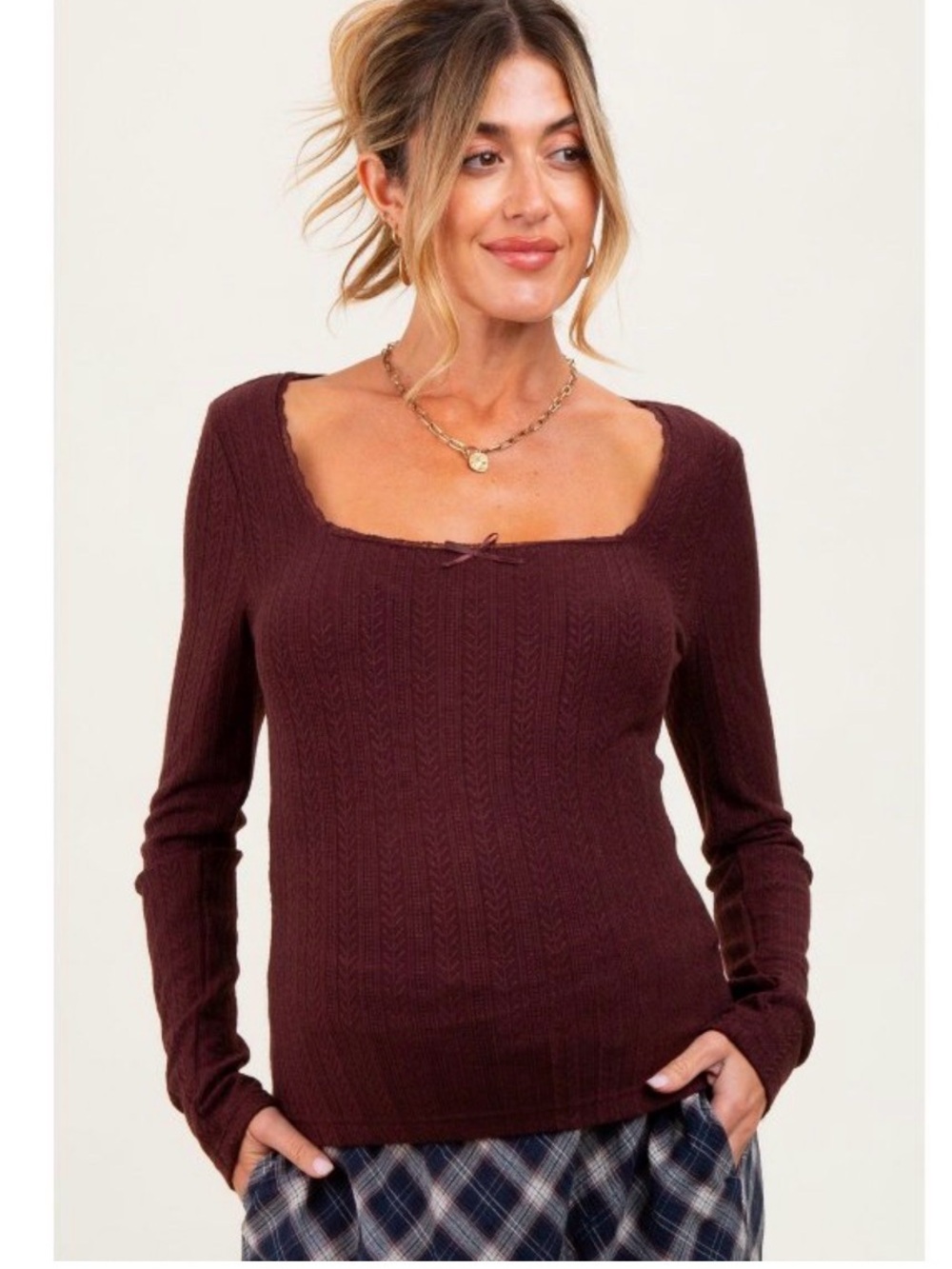 PINKBLUSH MATERNITY - burgundy Ribbed Long Sleeve Scoop Neck Top - Maternity